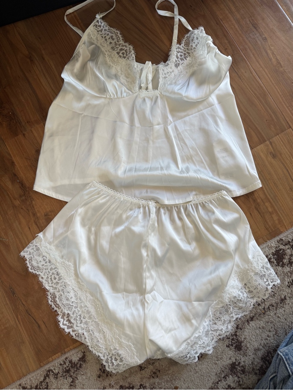 Ivory Lace-Trim Satin Cami & Short Sleep Set